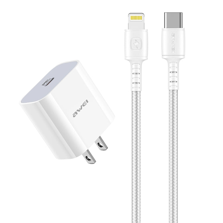 awei PD5 PD 20W Carregador de Viagem de Carregamento Rápido com Cabo Type-C / USB-C para 8 Pinos, Ficha US