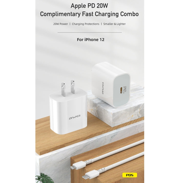 awei PD5 PD 20W Carregador de Viagem de Carregamento Rápido com Cabo Type-C / USB-C para 8 Pinos, Ficha US