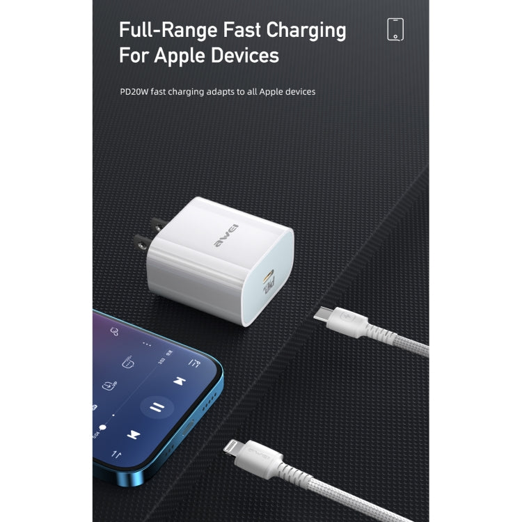 awei PD5 PD 20W Carregador de Viagem de Carregamento Rápido com Cabo Type-C / USB-C para 8 Pinos, Ficha US