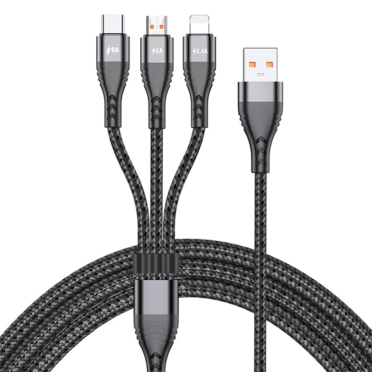 ADC-138 Cabo de Dados Trançado de Carregamento Rápido 66W 3 em 1 USB para 8 Pinos + Micro USB + USB-C / Tipo-C, Comprimento do Cabo: 1.2m