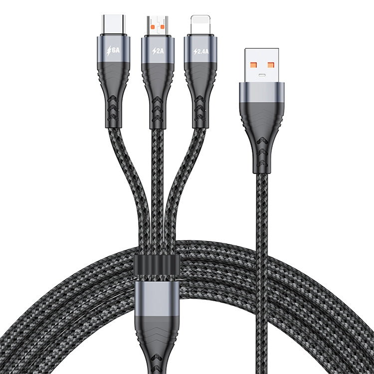 ADC-138 Cabo de Dados Trançado de Carregamento Rápido 66W 3 em 1 USB para 8 Pinos + Micro USB + USB-C / Tipo-C, Comprimento do Cabo: 1.2m