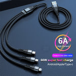 ADC-138 Cabo de Dados Trançado de Carregamento Rápido 66W 3 em 1 USB para 8 Pinos + Micro USB + USB-C / Tipo-C, Comprimento do Cabo: 1.2m