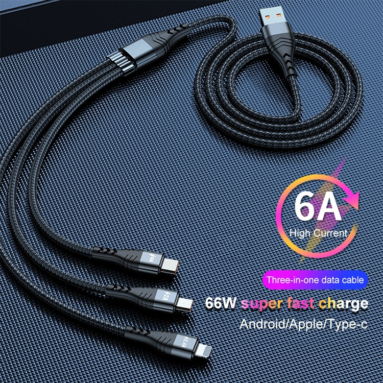ADC-138 Cabo de Dados Trançado de Carregamento Rápido 66W 3 em 1 USB para 8 Pinos + Micro USB + USB-C / Tipo-C, Comprimento do Cabo: 1.2m