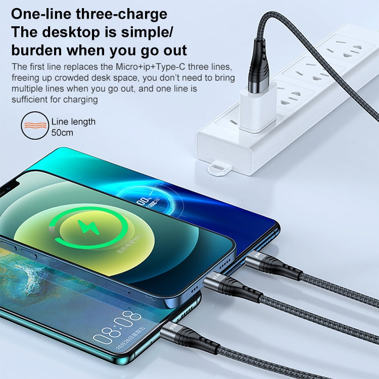 ADC-138 Cabo de Dados Trançado de Carregamento Rápido 66W 3 em 1 USB para 8 Pinos + Micro USB + USB-C / Tipo-C, Comprimento do Cabo: 1.2m
