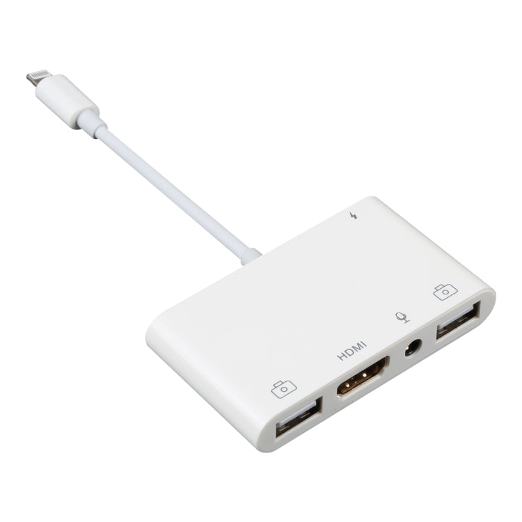 Adaptador Digital AV de Áudio OTG 4 em 1 8 Pinos para Duplo USB + AUX 3.5mm + HDMI