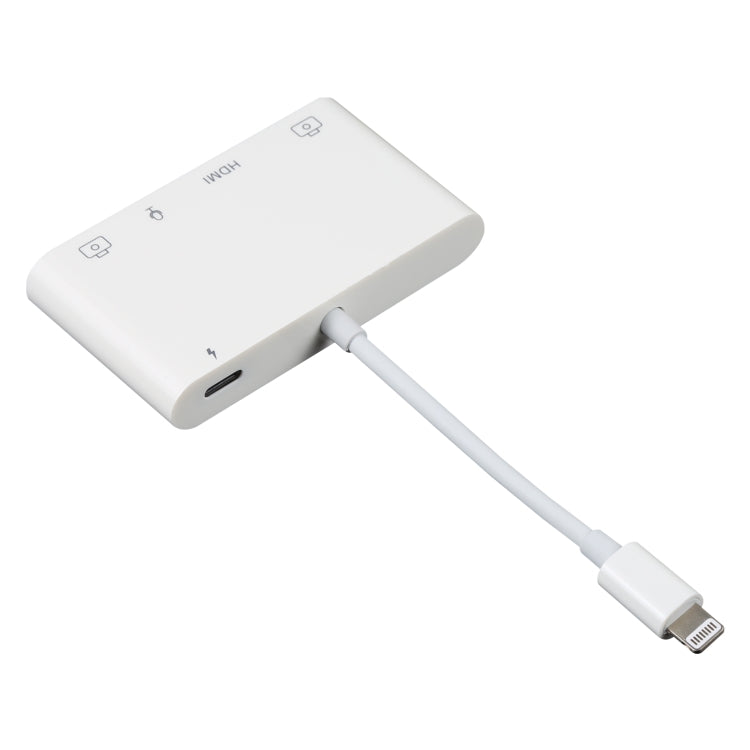Adaptador Digital AV de Áudio OTG 4 em 1 8 Pinos para Duplo USB + AUX 3.5mm + HDMI