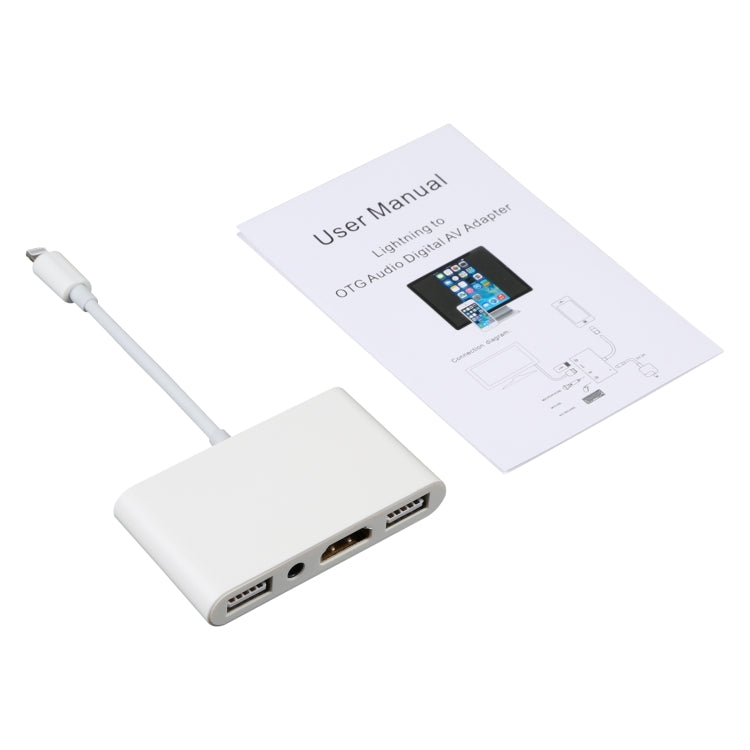 Adaptador Digital AV de Áudio OTG 4 em 1 8 Pinos para Duplo USB + AUX 3.5mm + HDMI