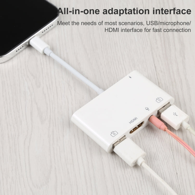 Adaptador Digital AV de Áudio OTG 4 em 1 8 Pinos para Duplo USB + AUX 3.5mm + HDMI