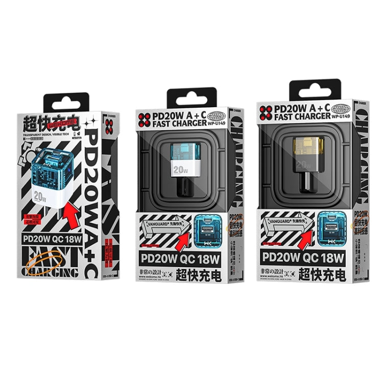 Carregador Transparente WK WP-U149 20W USB+USB-C/Type-C com Porta Dupla, Especificações: Plugue US
