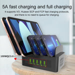 Estação de carregamento inteligente YFY-A54 100W USB + Type-C com 5 portas e suporte para telemóvel e tablet, ficha US, YFY-A54
