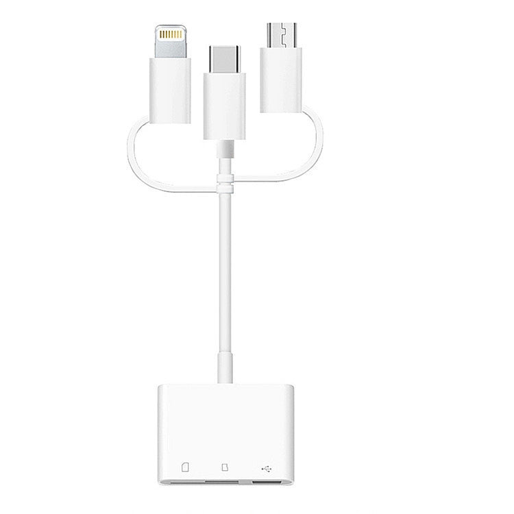 Adaptador extensor USB OTG 3 em 1 8 pinos, Micro USB e Type-C para leitor de cartões TF e SD