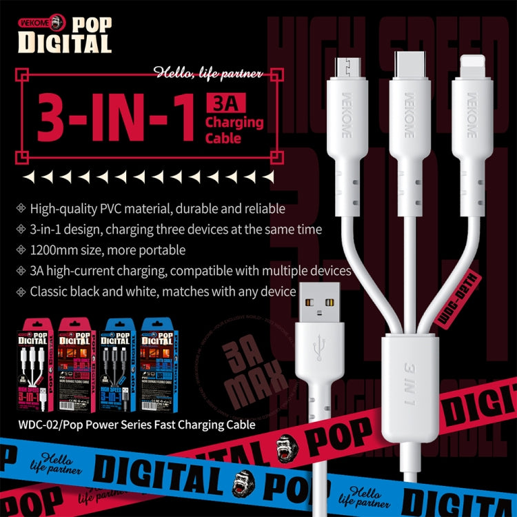 WEKOME WDC-02 Série Energia das Marés 3A USB para 8 Pinos+Type-C+Micro USB 3 em 1 Cabo de Dados em PVC, Comprimento: 1,2m