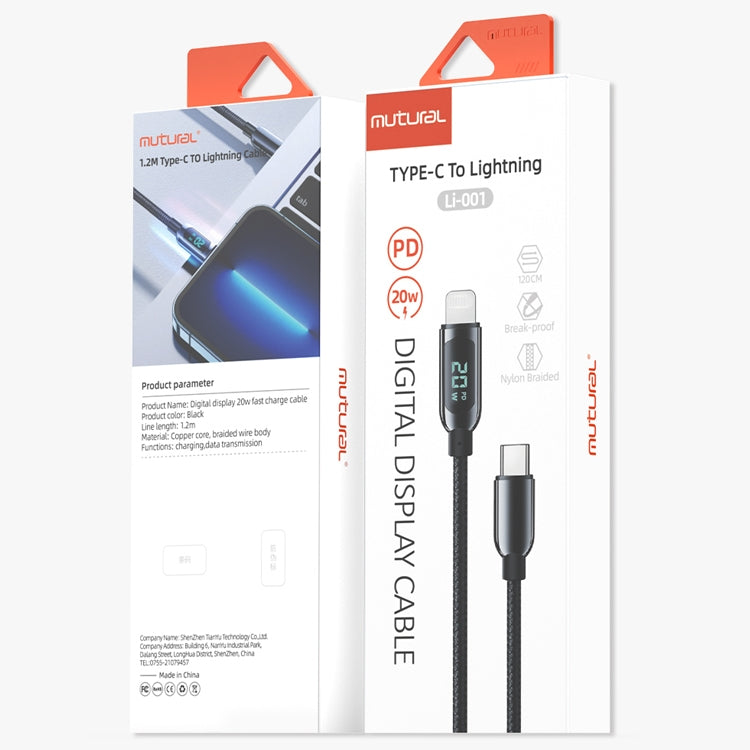 Mutural Li-CC001 Cabo de Carregamento e Dados USB-C / Type-C para 8 Pinos com Ecrã Digital PD20W 1,2m, Type-C para 8 Pinos