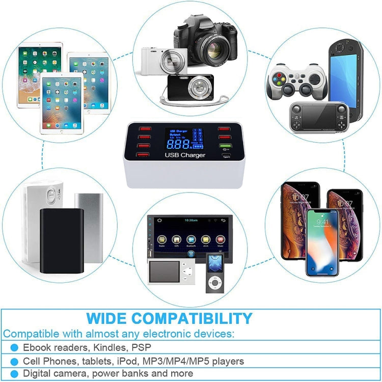 A9 Plus (Versão Global) Estação de Carregamento Inteligente Multifuncional AC 100V~240V 8 Portas USB com Ecrã Digital LCD Destacável e Carregador Sem Fios, Suporta QC3.0, A9 Plus (Versão Global)
