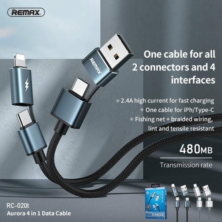 Cabo de Carregamento e Sincronização REMAX RC-020t 2.4A Série Aurora 4 em 1 8 Pin + USB + 2 x Type-C, Comprimento do Cabo: 1m