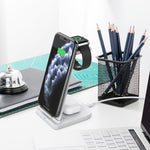 Carregador Sem Fios Vertical Multifuncional 3 em 1 QC 3.0 10W com Função de Suporte, Adequado para Telemóveis / Apple Watch / AirPods
