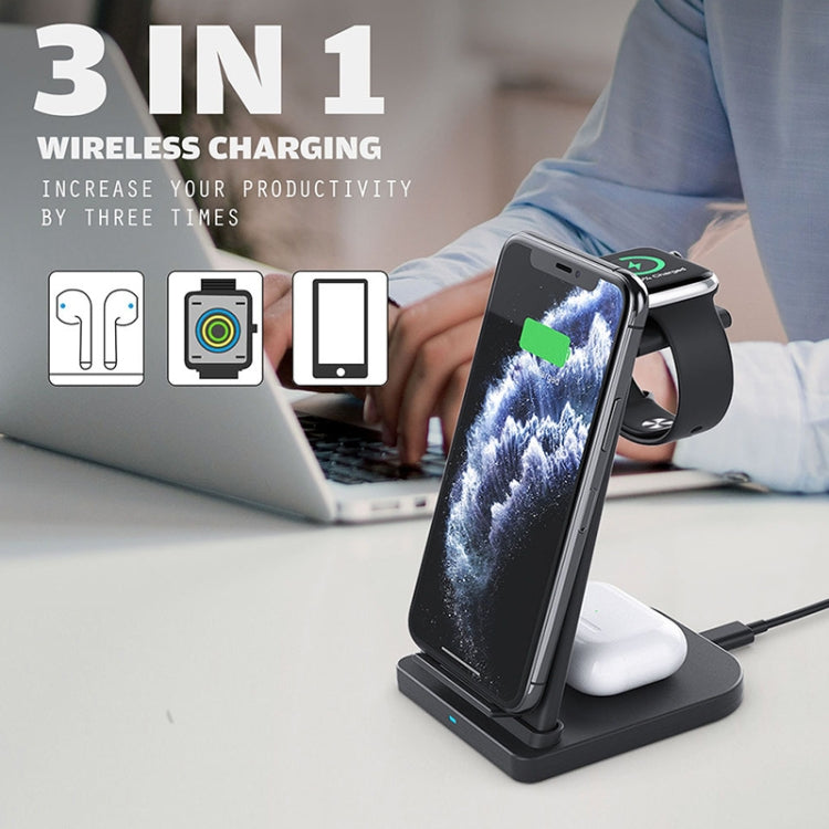 Carregador Sem Fios Vertical Multifuncional 3 em 1 QC 3.0 10W com Função de Suporte, Adequado para Telemóveis / Apple Watch / AirPods