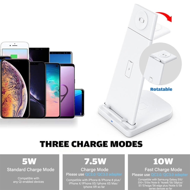 Carregador Sem Fios Vertical Multifuncional 3 em 1 QC 3.0 10W com Função de Suporte, Adequado para Telemóveis / Apple Watch / AirPods