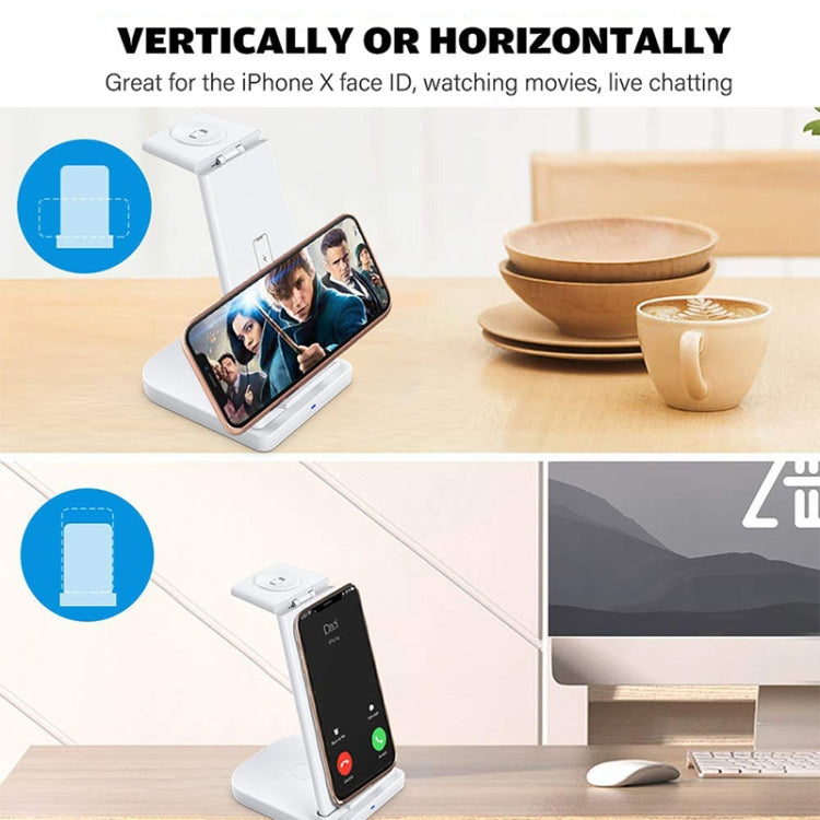 Carregador Sem Fios Vertical Multifuncional 3 em 1 QC 3.0 10W com Função de Suporte, Adequado para Telemóveis / Apple Watch / AirPods