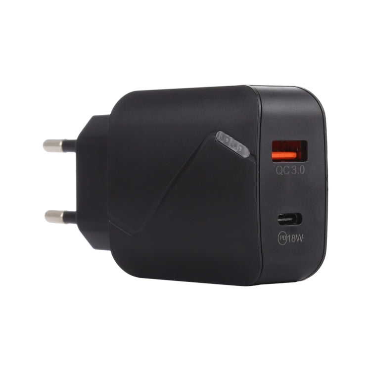 LZ-819A+C QC3.0 USB + PD 18W Interfaces USB-C / Type-C Carregador de Viagem com Luz Indicadora, Ficha EU, Ficha EU