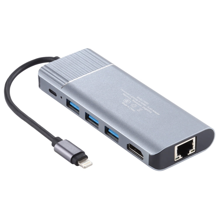 Estação de Acoplamento Adaptadora Multifuncional 6 em 1 USB 2.0 x 3 + HDMI + RJ45 + Porta de Carregamento Fêmea 8 Pinos para Macho 8 Pinos, 79591