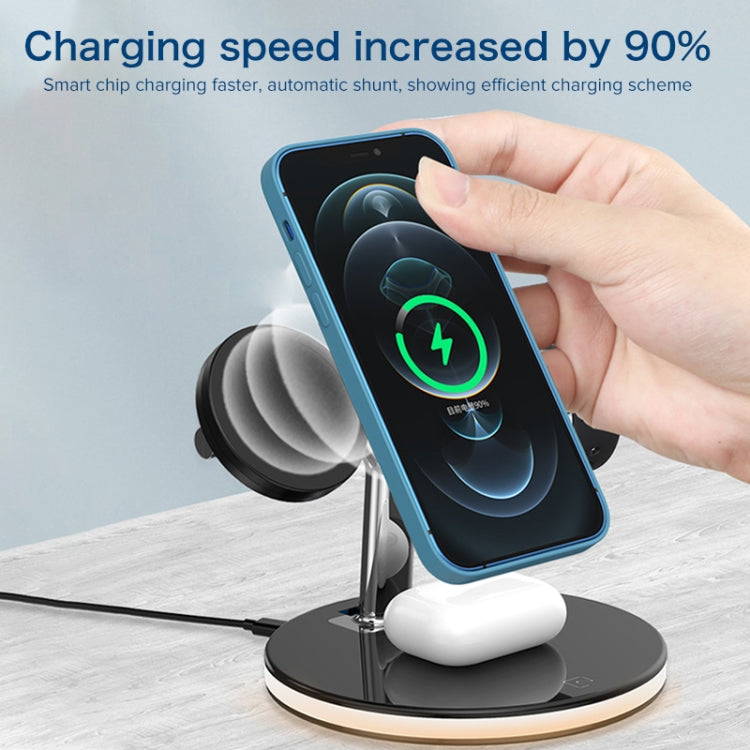 Carregador Sem Fios Magnético Multifuncional 3 em 1 25W para Telemóveis & Apple Watches & AirPods, com Luz LED Colorida