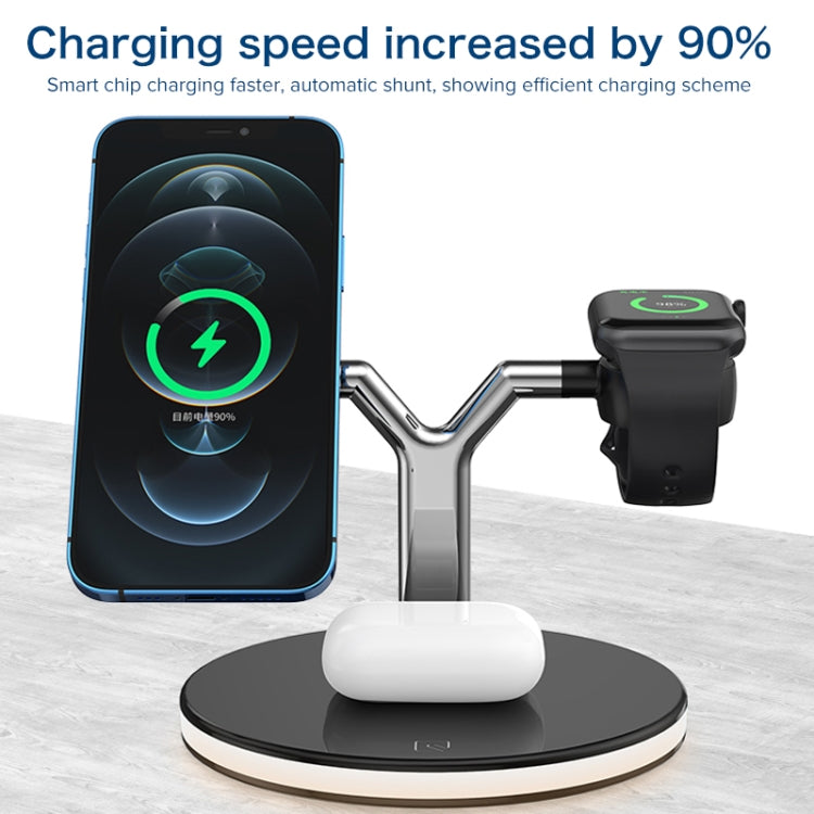 Carregador Sem Fios Magnético Multifuncional 3 em 1 25W para Telemóveis & Apple Watches & AirPods, com Luz LED Colorida