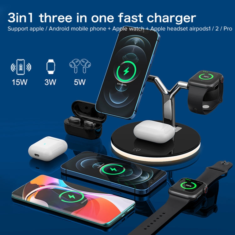 Carregador Sem Fios Magnético Multifuncional 3 em 1 25W para Telemóveis & Apple Watches & AirPods, com Luz LED Colorida
