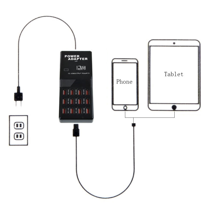 W-858 Dock de Carregamento Rápido USB com 12 Portas 12A Carregador Inteligente de Secretária AC100-240V, Ficha US, Ficha US