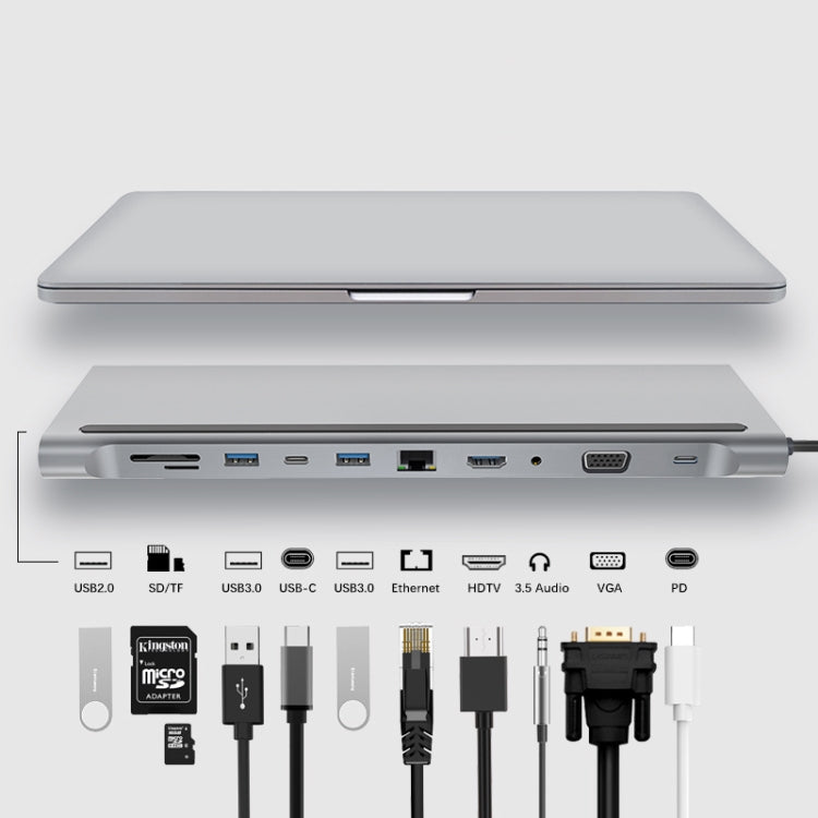 Adaptador HUB 11 em 1 RJ45 + 87W PD + SD/TF + USBx3 + HDMI + VGA + AUX 3,5mm para Tipo-C, 11 em 1