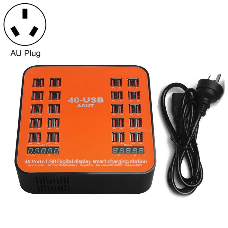 Estação de carregamento inteligente com ecrã digital USB de 200W e 40 portas WLX-840, AC100-240V, ficha AU (preto+laranja), ficha AU