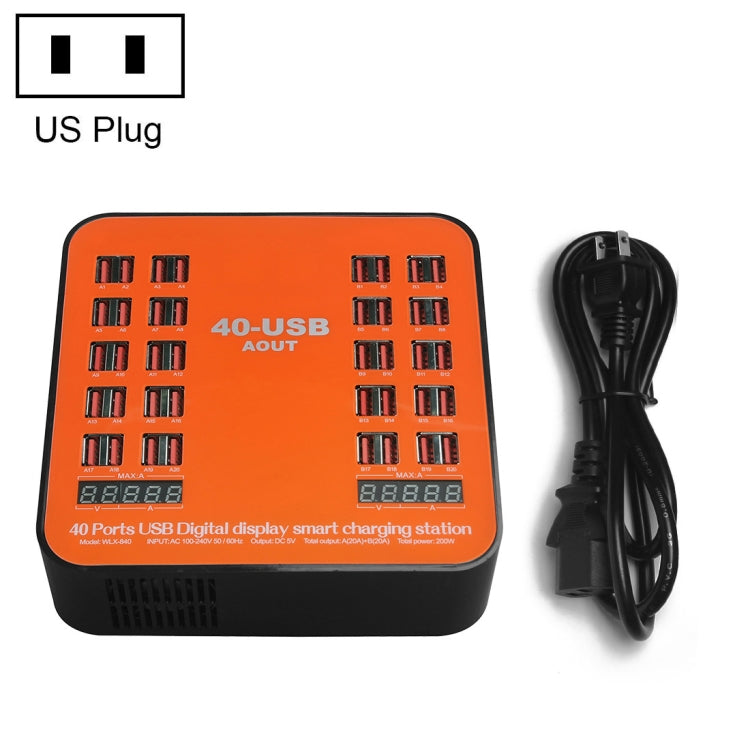 Estação de carregamento inteligente com ecrã digital USB de 200W e 40 portas WLX-840, AC100-240V, ficha US (preto+laranja), ficha US