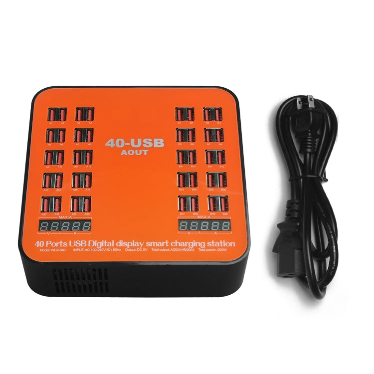 Estação de carregamento inteligente com ecrã digital USB de 200W e 40 portas WLX-840, AC100-240V, ficha US (preto+laranja), ficha US