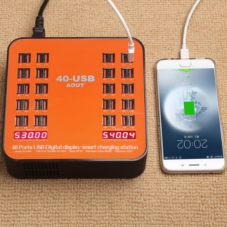 Estação de carregamento inteligente com ecrã digital USB de 200W e 40 portas WLX-840, AC100-240V, ficha US (preto+laranja), ficha US