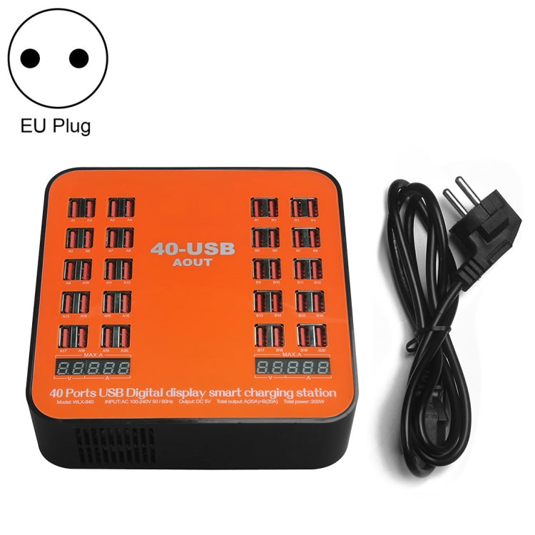 Estação de carregamento inteligente com ecrã digital USB de 200W e 40 portas WLX-840, AC100-240V, ficha EU (preto+laranja), ficha EU