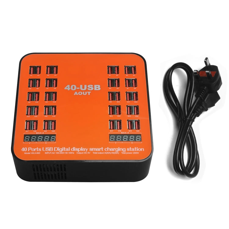 Estação de carregamento inteligente com ecrã digital USB de 200W e 40 portas WLX-840, AC100-240V, ficha UK (preto+laranja), ficha UK