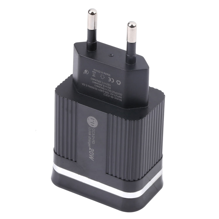 46-A2C2 Carregador Rápido Multifuncional 20W PD + QC3.0 USB, Ficha EU, Ficha EU