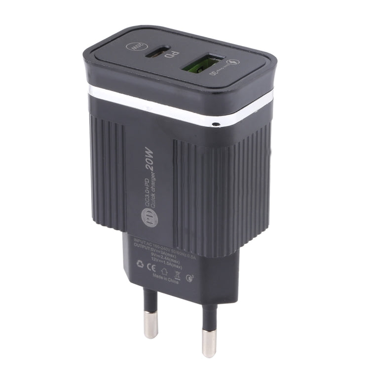 46-A2C2 Carregador Rápido Multifuncional 20W PD + QC3.0 USB, Ficha EU, Ficha EU