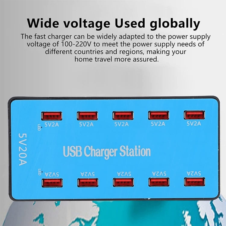 Estação de carregamento inteligente USB A5B 100W com 10 portas e luz indicadora, ficha US, 100W