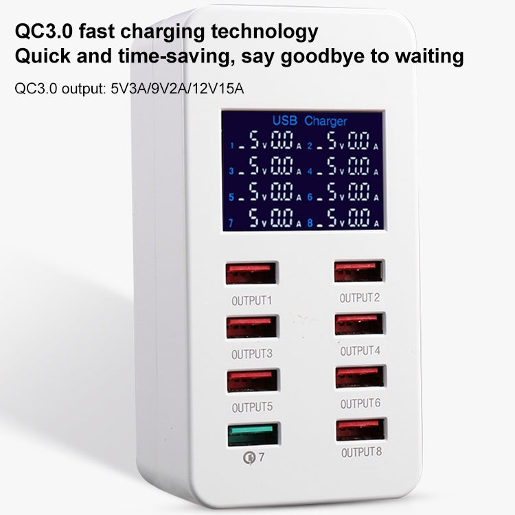 Estação de Carregamento Inteligente A8 50W 8 Portas USB + QC3.0 com Ecrã Digital AC100-240V, Ficha AU, A8 Ficha AU