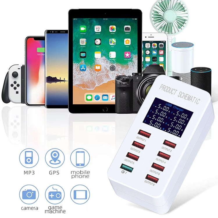 Estação de Carregamento Inteligente A8 50W 8 Portas USB + QC3.0 com Ecrã Digital AC100-240V, Ficha EU, A8 Ficha EU