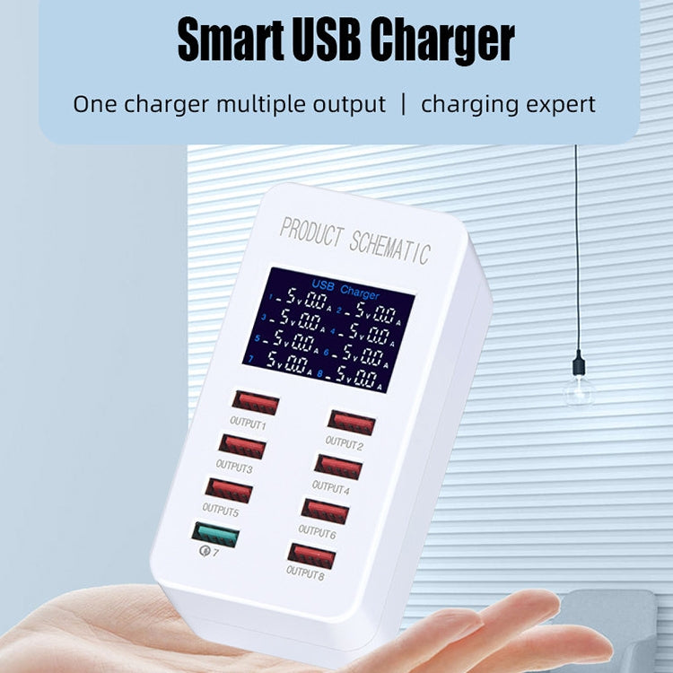 Estação de Carregamento Inteligente A8 50W 8 Portas USB + QC3.0 com Ecrã Digital AC100-240V, Ficha UK, A8 Ficha UK