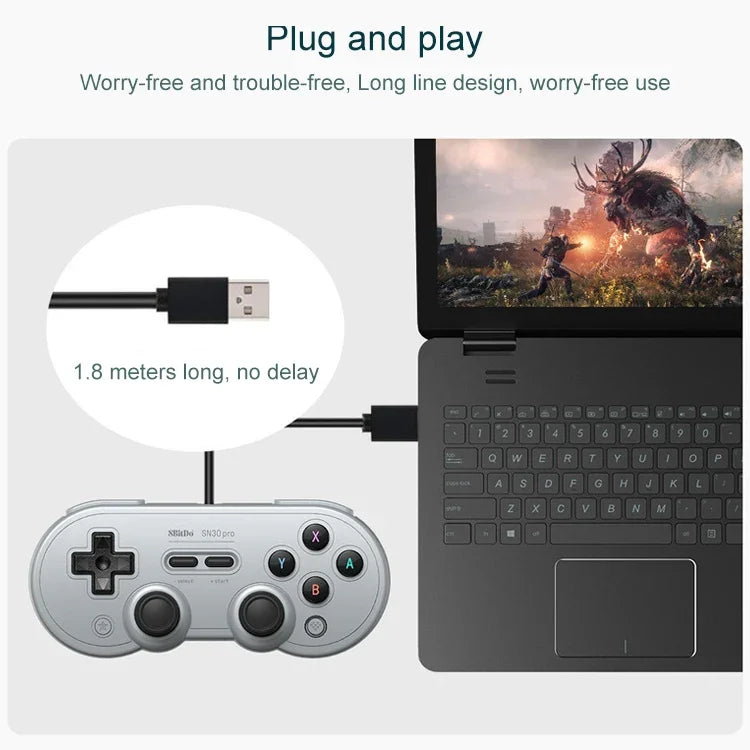 8Bitdo SN30 PRO Comando USB com Fio para Switch / Steam / PC, SN30 PRO Com Fio (Cinza)