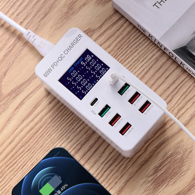 Estação de Carregamento Inteligente A8T 60W 8 Portas USB + QC3.0 + PD Tipo-C com Ecrã Digital AC100-240V, Ficha UK, A8T Ficha UK