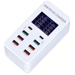 Estação de Carregamento Inteligente A8T 60W 8 Portas USB + QC3.0 + PD Tipo-C com Ecrã Digital AC100-240V, Ficha UK, A8T Ficha UK