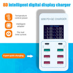 Estação de Carregamento Inteligente A8T 60W 8 Portas USB + QC3.0 + PD Tipo-C com Ecrã Digital AC100-240V, Ficha UK, A8T Ficha UK