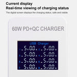Estação de Carregamento Inteligente A8T 60W 8 Portas USB + QC3.0 + PD Tipo-C com Ecrã Digital AC100-240V, Ficha UK, A8T Ficha UK
