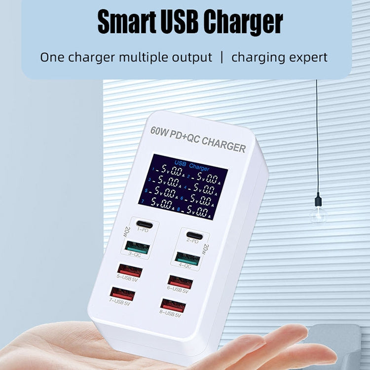 Estação de Carregamento Inteligente A8T 60W 8 Portas USB + QC3.0 + PD Tipo-C com Ecrã Digital AC100-240V, Ficha UK, A8T Ficha UK