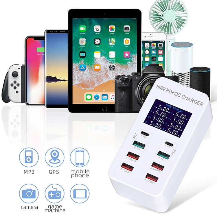 Estação de Carregamento Inteligente A8T 60W 8 Portas USB + QC3.0 + PD Tipo-C com Ecrã Digital AC100-240V, Ficha UK, A8T Ficha UK