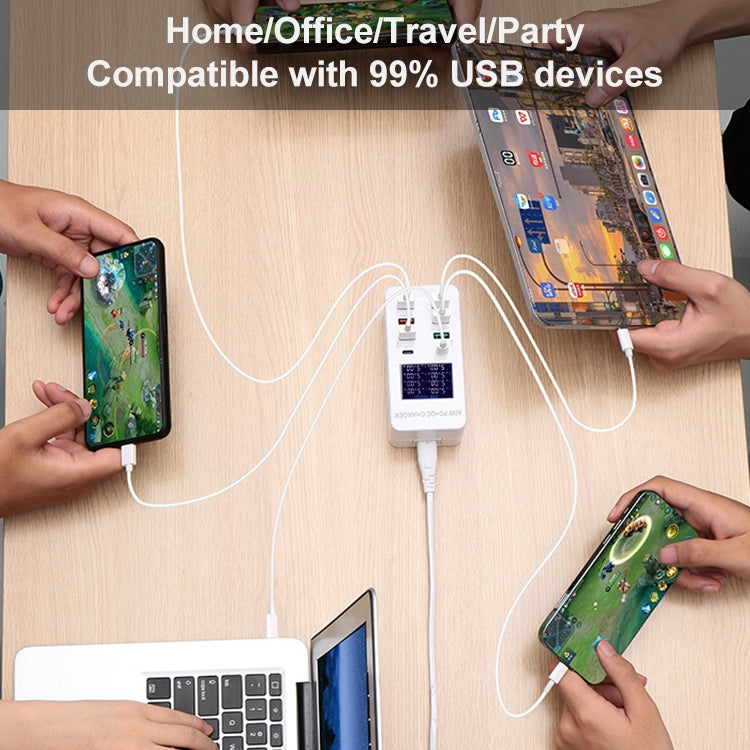 Estação de Carregamento Inteligente A8T 60W 8 Portas USB + QC3.0 + PD Tipo-C com Ecrã Digital AC100-240V, Ficha UK, A8T Ficha UK